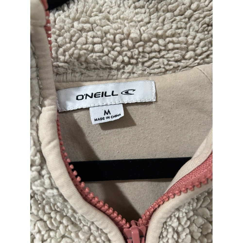 O'Neill Fleece Sherpa Half-Zip Pullover in Beige with Pink Trim Size Medium - Picture 2 of 8